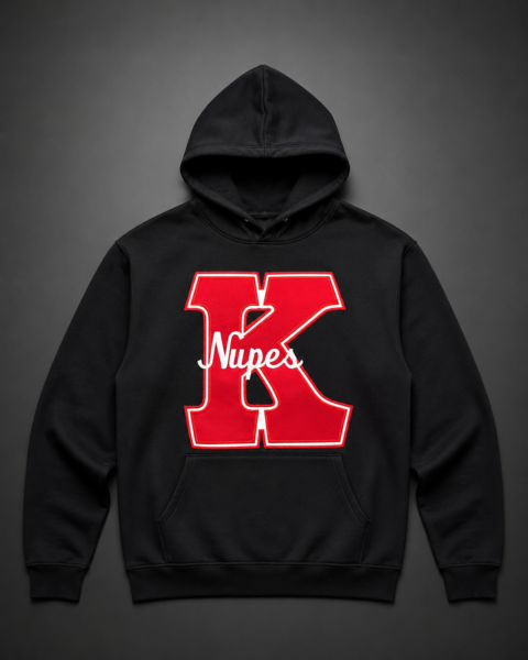 Custom black pullover hoodie with oversized old English blackletter varsity letter appliqué and cream ribbon banner scroll with custom script text below.