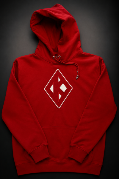 Custom crimson pullover hoodie with tonal satin diamond insignia graphic featuring interlocking letter monogram and white embroidered border outline on front chest.
