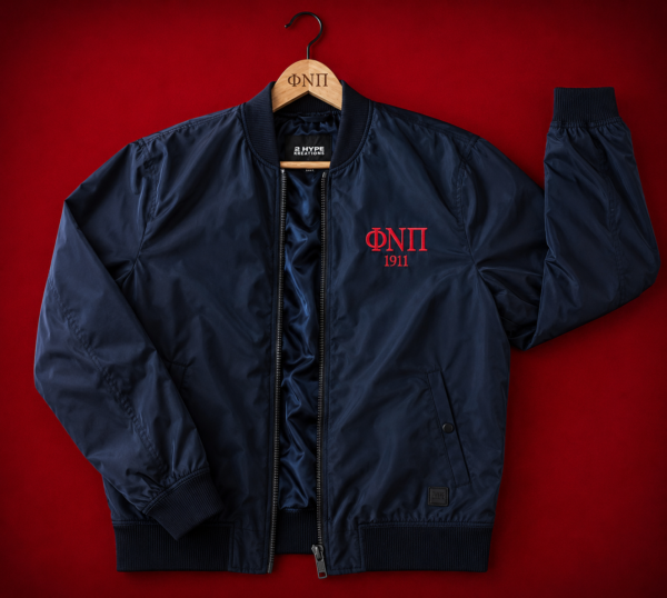 Custom embroidered black shell bomber jacket with crisp Greek letter abbreviation and founding year in crimson thread on left chest, full-length center zip, and ribbed finishing.