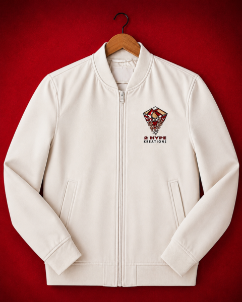Custom cream full-zip bomber jacket with multi-color embroidered logo and insignia on left chest displayed on natural wood hanger against red background showing full garment silhouette.