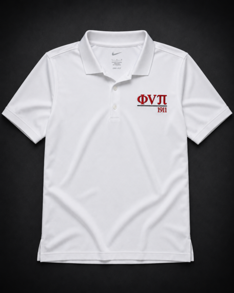 Custom embroidered white Nike Dri-FIT performance polo with crimson Greek letter abbreviation, rule line, and founding year on left chest.