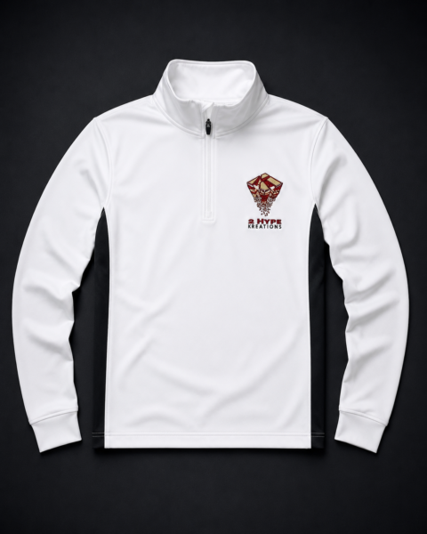 Custom embroidered quarter-zip performance pullover with stand-up collar, contrast black side panels, and full-color logo embroidery on left chest.