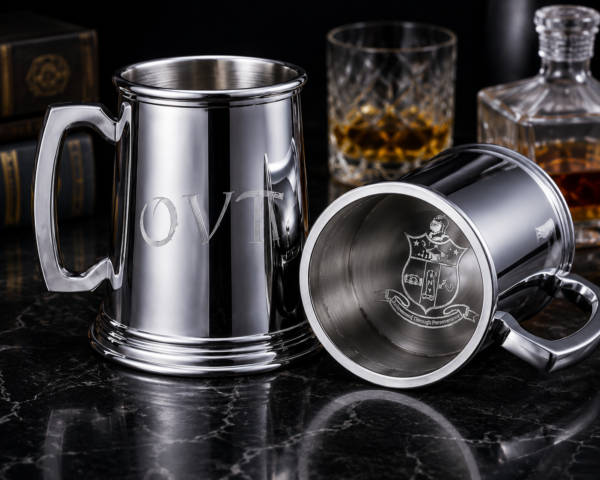 Custom engraved silver chrome tankard with mirror-polished finish, decorative base ring, exterior monogram engraving, and interior base crest detail.