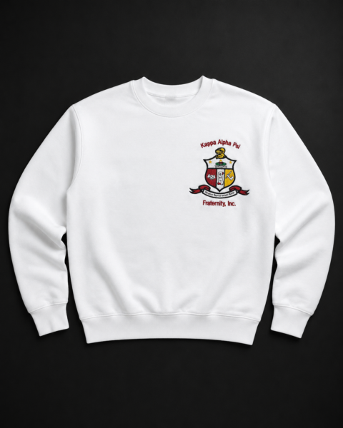 Custom full-color embroidered crewneck sweatshirt with multi-thread heraldic crest, helmet figure, gold stars, shield panels, ribbon scroll, and arched organization text.