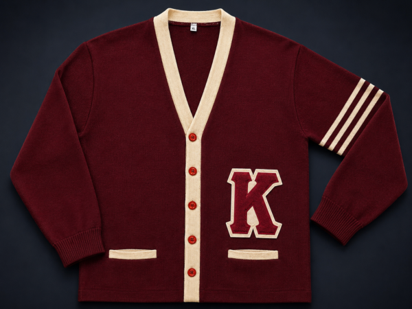 Custom Greek letter cardigan sweater base build with single large chenille letter appliqué on V-neck button-front sweater with ribbed cuffs and welt pockets.