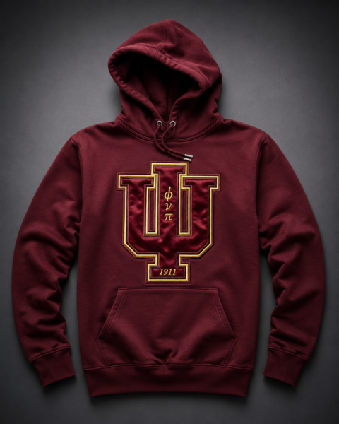 Custom maroon pullover hoodie with oversized tonal satin Psi insignia graphic, gold embroidered border outline, stacked Greek letter abbreviations, and founding year.