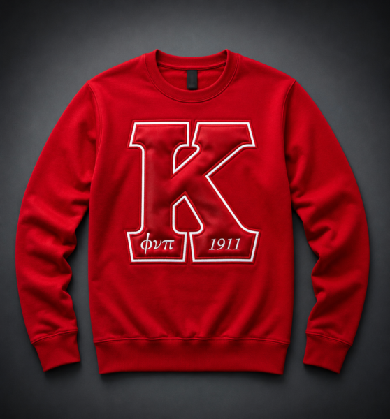 Custom crimson heavyweight crewneck sweatshirt with oversized tonal satin single letter appliqué, white embroidered border outline, and fine interior Greek abbreviation detail text.