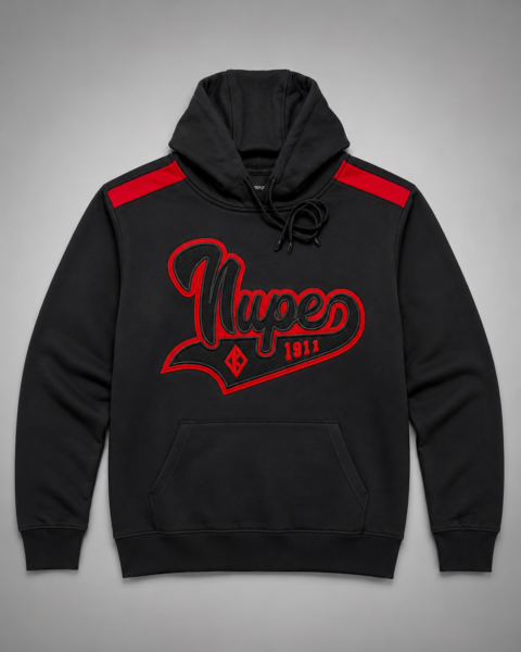 Custom two-tone black and red pullover hoodie with dimensional script appliqué, raised black embroidery, red outline border, diamond insignia, and swoosh underline detail.