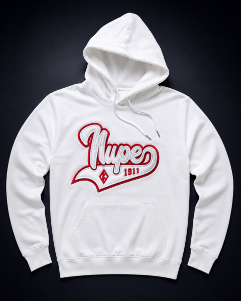 Custom white pullover hoodie with dimensional script appliqué, raised white embroidery, red outline border, diamond insignia, swoosh underline, and silver aglet drawstrings.