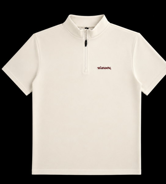 Custom cream short-sleeve quarter-zip pullover with small red embroidered script at the left chest