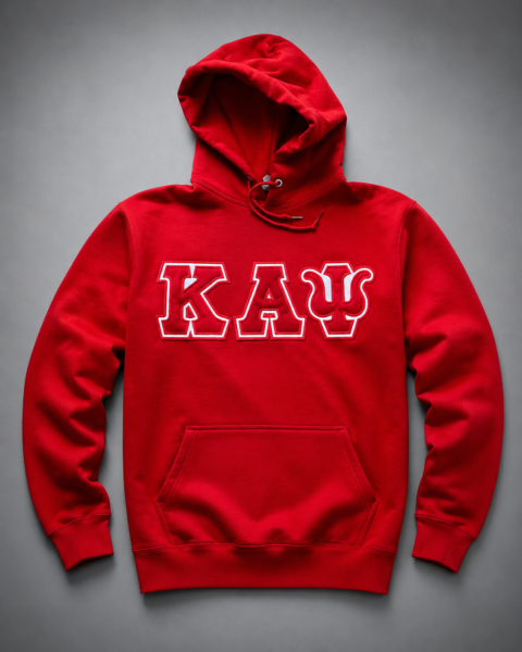 Custom crimson pullover hoodie with tonal crimson satin Greek letter appliqué, white embroidered border outline, and silver aglet drawstrings showing full garment.