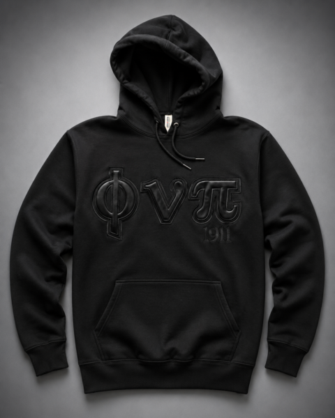 Custom black pullover hoodie with stealth tonal black satin Greek letter appliqué and founding year showing full garment including hood and kangaroo pocket.