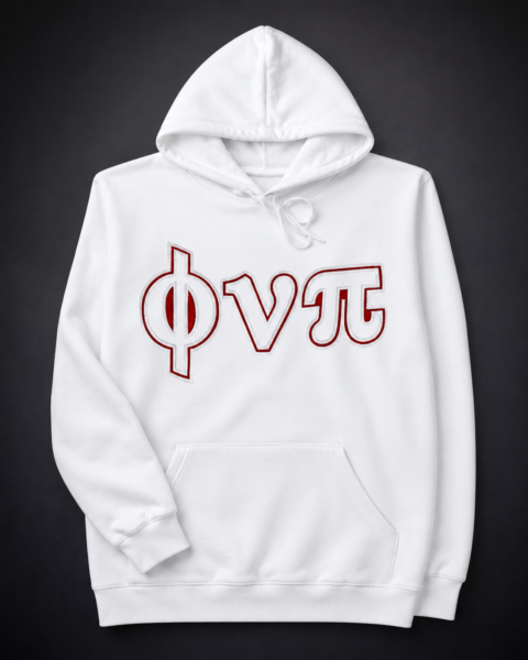 Custom white pullover hoodie with tonal white satin Greek letter appliqué and white embroidered border outline showing full garment including hood, kangaroo pocket, and sleeves.