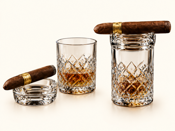 Diamond-cut crystal double old fashioned whiskey glasses with built-in cigar rests and a matching crystal ashtray