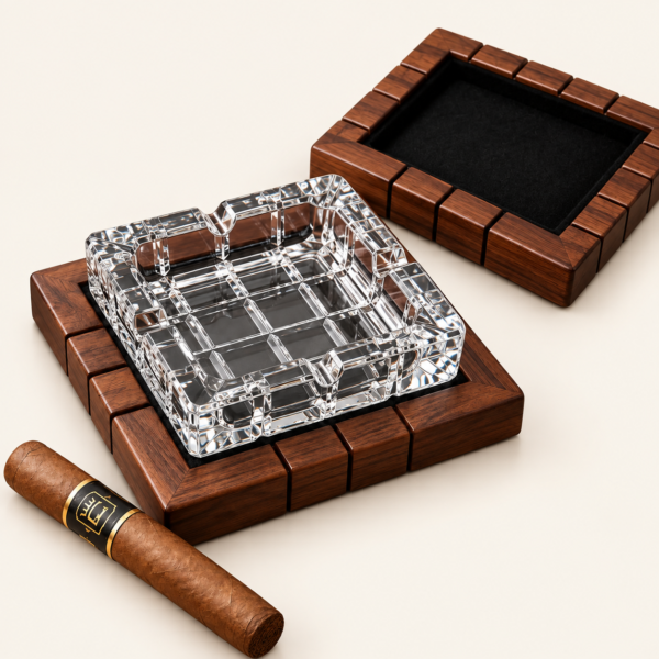 Crystal cigar ashtray with walnut wood base