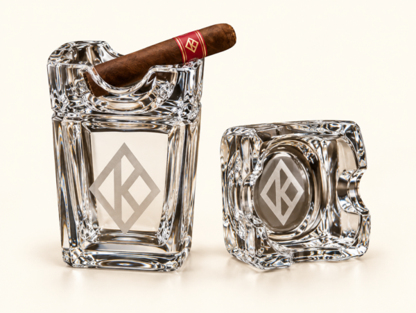Diamond-insignia etched crystal cigar tumbler with matching square crystal ashtray cover