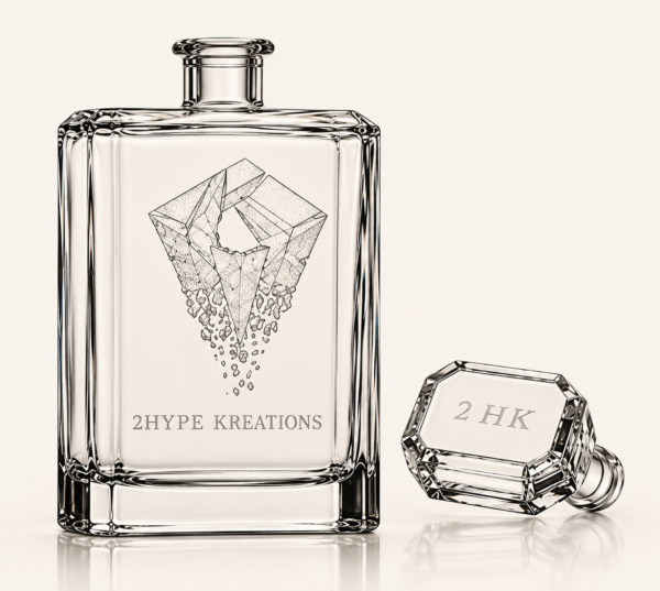 Flat rectangular crystal whiskey decanter engraved with a diamond motif and 2HYPE KREATIONS, with its stopper engraved 2 HK resting beside it