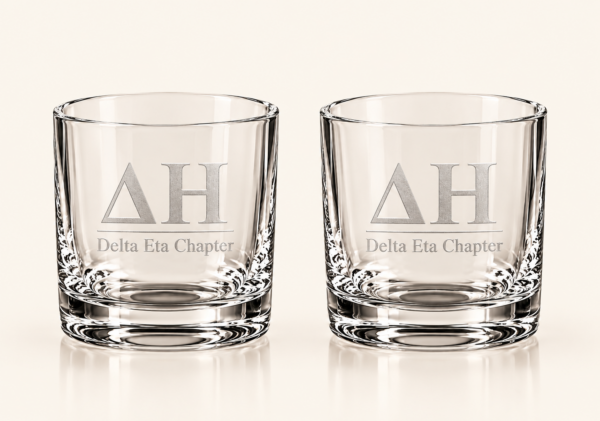 Delta Eta chapter engraved 11 oz heavy base whiskey glass set