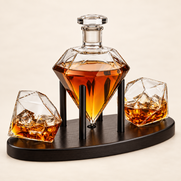Diamond crystal whiskey decanter and glass set with display stand