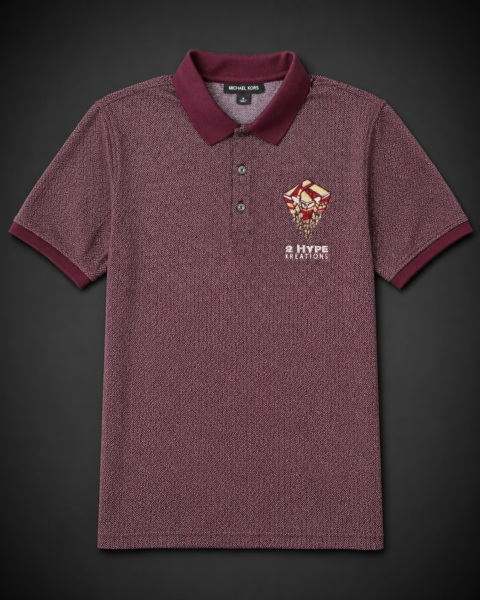 Maroon diamond-pattern jacquard knit polo laid flat, with the full-color 2HypeKreations crest embroidered on the left chest and a solid ribbed collar.