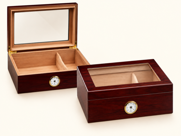 High-gloss cherry glass-top cigar humidor with Spanish cedar lining and front hygrometer, shown open and closed