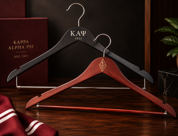 Kappa Alpha Psi 1911 engraved black and mahogany wood custom hanger set