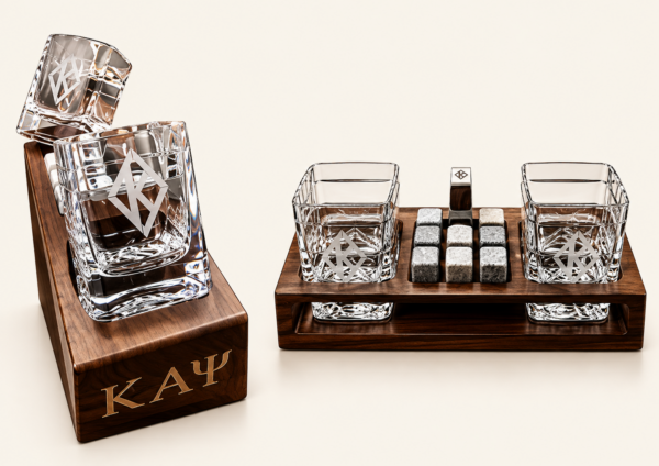 Kappa Alpha Psi crystal whiskey glass and whiskey stones gift set in wood case