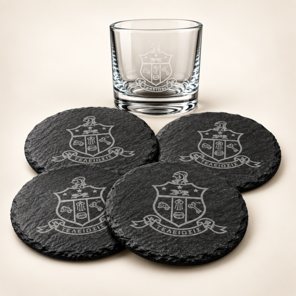Kappa Alpha Psi etched whiskey glass and slate coaster set
