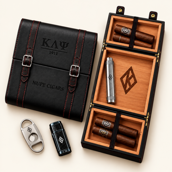 Kappa Alpha Psi Nupe black leather travel cigar humidor gift set with gold buckle and red stitching