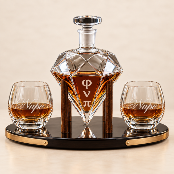 Kappa Alpha Psi etched crystal whiskey decanter set with glasses and stand