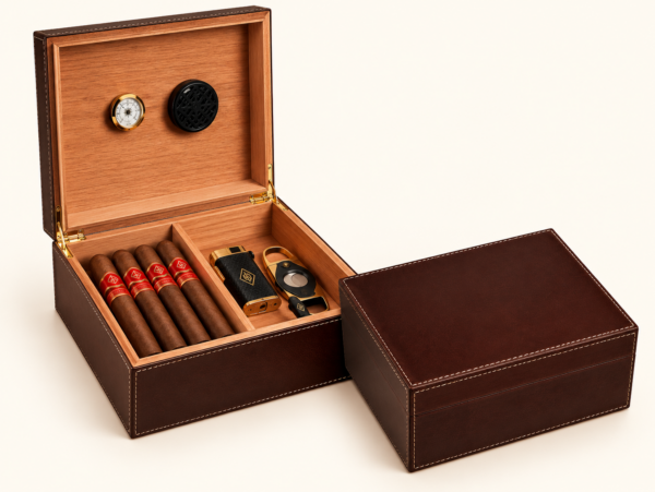 Open leather cigar humidor with cedar lining, hygrometer, humidifier, lighter and cutter