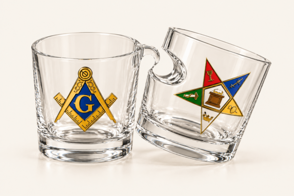 Masonic and Eastern Star etched whiskey glass set