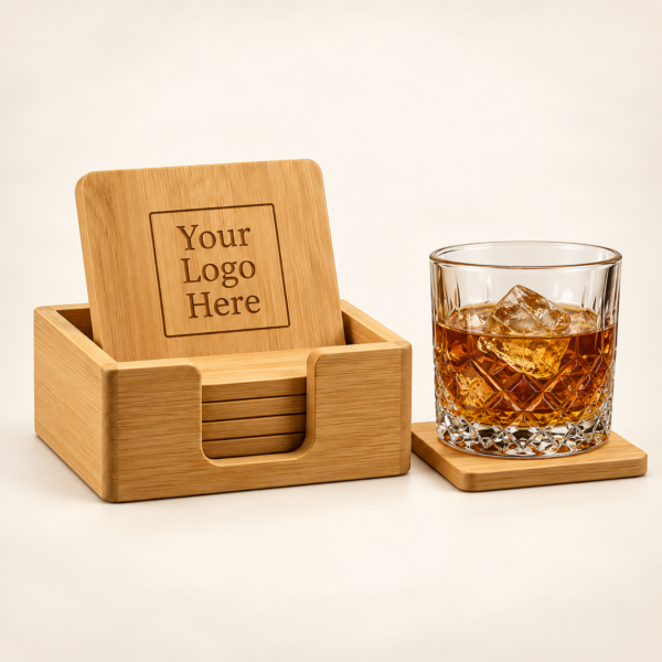 Personalized bamboo square coaster set with whiskey glass