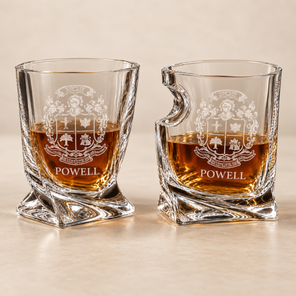 Personalized engraved whiskey glass set with built-in cigar rest