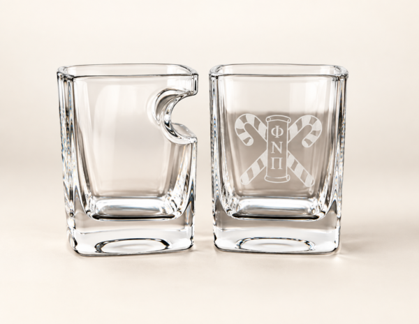 Pair of etched 10.5 oz Phi Nu Pi cigar and whiskey glasses with candy cane stripe detail