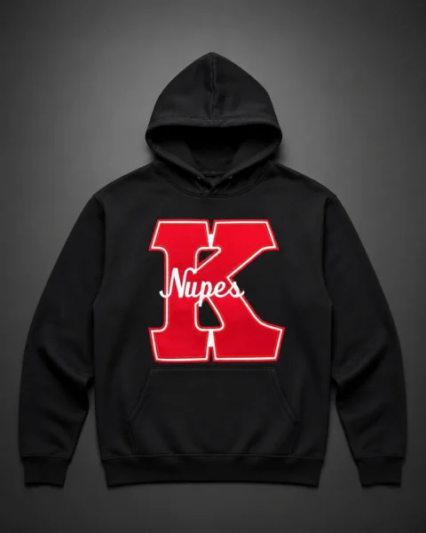 Custom black pullover hoodie with oversized old English blackletter varsity letter appliqué and cream ribbon banner scroll with custom script text below.