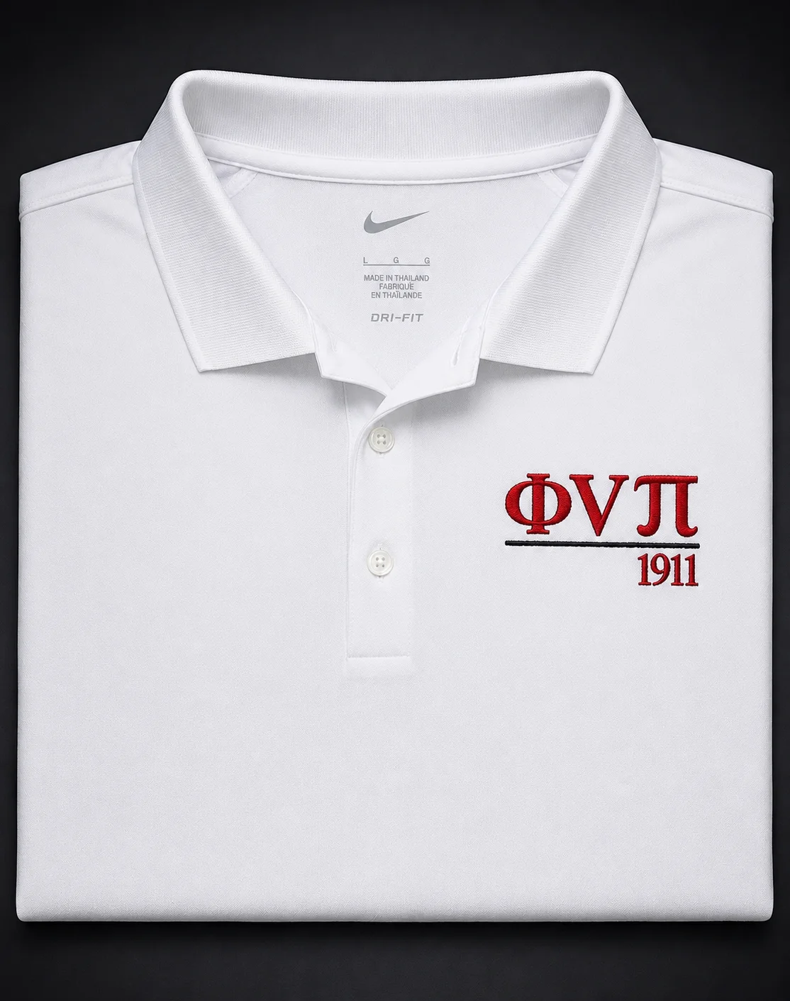 Custom embroidered white Nike Dri-FIT polo with Greek letters and year embroidery