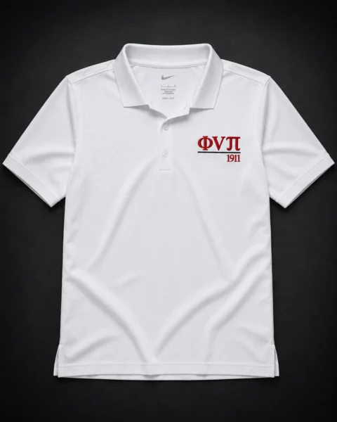 Custom embroidered white Nike Dri-FIT performance polo with crimson Greek letter abbreviation, rule line, and founding year on left chest.