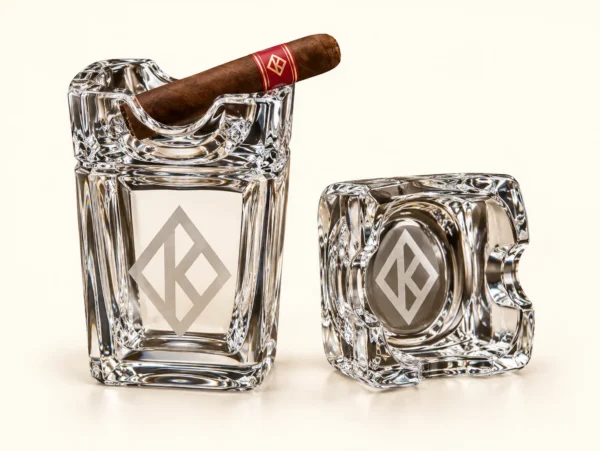 Diamond-insignia etched crystal cigar tumbler with matching square crystal ashtray cover