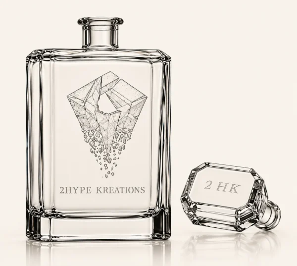 Flat rectangular crystal whiskey decanter engraved with a diamond motif and 2HYPE KREATIONS, with its stopper engraved 2 HK resting beside it