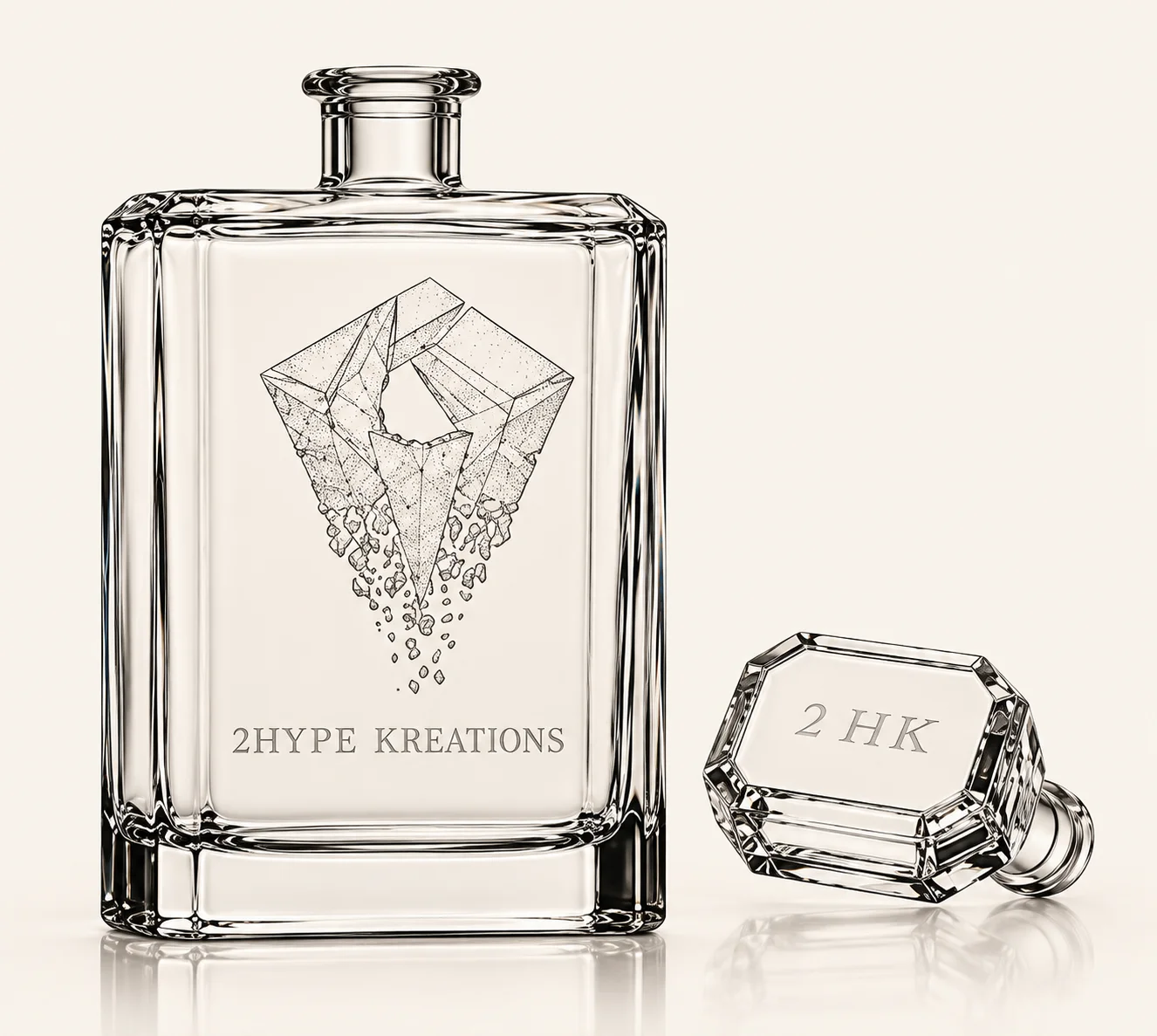 Flat rectangular crystal whiskey decanter engraved with a diamond motif and 2HYPE KREATIONS, with its stopper engraved 2 HK resting beside it