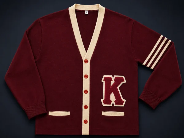 Custom Greek letter cardigan sweater base build with single large chenille letter appliqué on V-neck button-front sweater with ribbed cuffs and welt pockets.