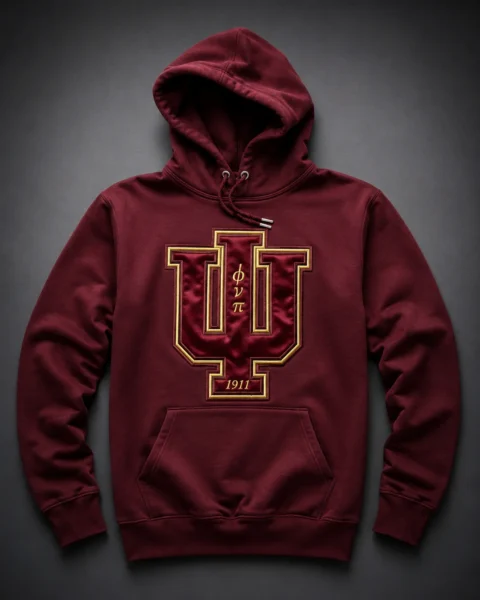 Custom maroon pullover hoodie with oversized tonal satin Psi insignia graphic, gold embroidered border outline, stacked Greek letter abbreviations, and founding year.