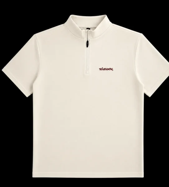 Custom cream short-sleeve quarter-zip pullover with small red embroidered script at the left chest