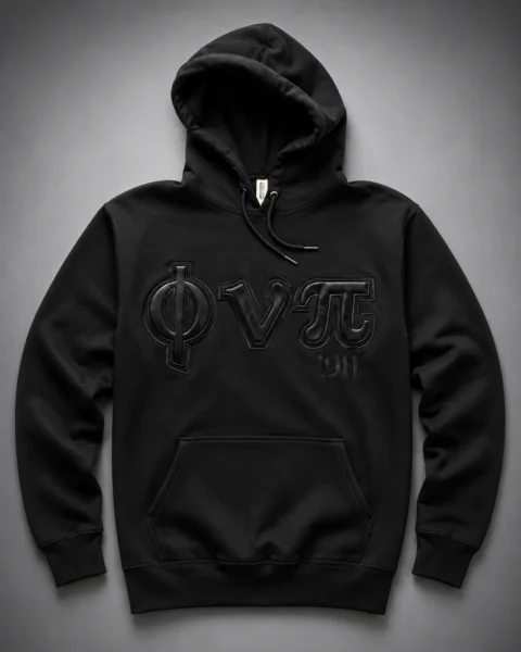 Custom black pullover hoodie with stealth tonal black satin Greek letter appliqué and founding year showing full garment including hood and kangaroo pocket.