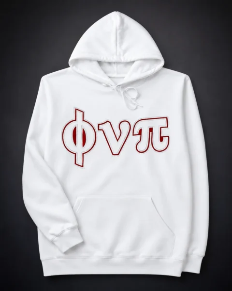 Custom white pullover hoodie with tonal white satin Greek letter appliqué and white embroidered border outline showing full garment including hood, kangaroo pocket, and sleeves.