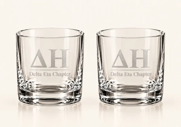 Delta Eta chapter engraved 11 oz heavy base whiskey glass set