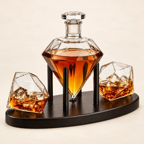 Diamond crystal whiskey decanter and glass set with display stand