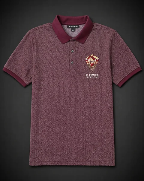 Maroon diamond-pattern jacquard knit polo laid flat, with the full-color 2HypeKreations crest embroidered on the left chest and a solid ribbed collar.