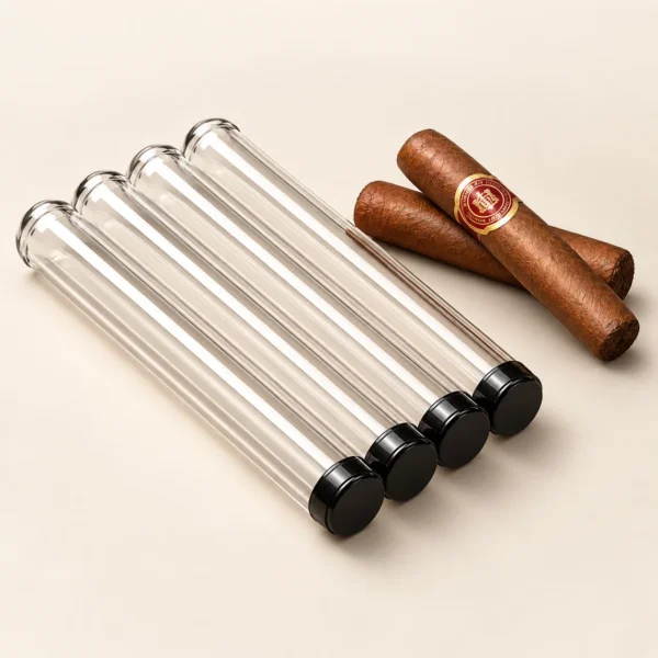 Acrylic cigar tubes with screw caps holding premium cigars